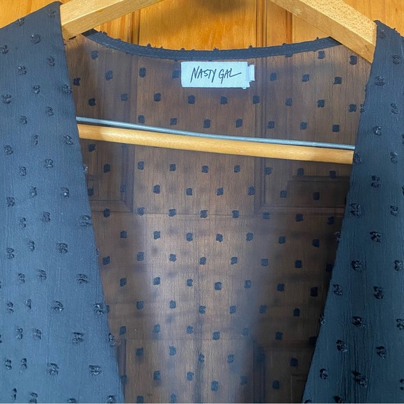 Nasty Gal Black Swiss Dot Sheer Tie Front Long Sleeve Crop Peplum Blouse - Picture 2 of 7